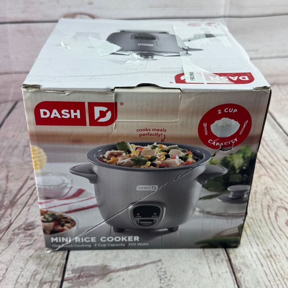 Dash DRCM20002 Mini Rice Cooker 2 Cup 200W Gray Glass Lid Warm